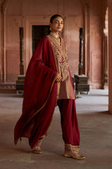 Jashn Gold Maroon Tissue Embroidered Farshi Set, gold maroon tissue kurta with modal farshi and organza dupatta, image 4 of 11