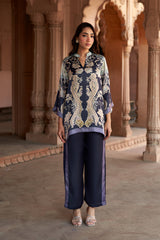 Jashn Navy Contrast Printed Co-ord Set, navy paisley print modal tunic with straight pants, image 8 of 11