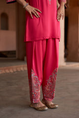 Jashn Hot Pink Aari Embroidered Salwar Set, hot pink aari paisley embroidered kurta salwar with organza dupatta, image 6 of 10