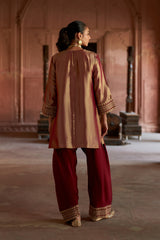 Jashn Gold Maroon Tissue Embroidered Farshi Set, gold maroon tissue kurta with modal farshi and organza dupatta, image 9 of 11