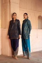 Jashn Navy Ikkat Brocade Salwar Set styled with Jashn Teal Ikkat Brocade Farshi Set, navy ikkat brocade kurta with embroidered modal salwar