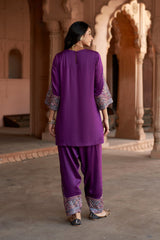 Jashn Wine Aari Embroidered Salwar Set, wine aari paisley embroidered kurta salwar with organza dupatta, image 7 of 12