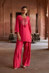 Jashn Hot Pink Embroidered Farshi Set, hot pink modal kurta with embroidered farshi and organza dupatta, image 8 of 10