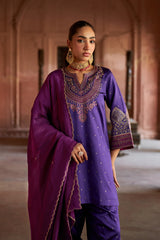 Jashn Purple Brocade Embroidered Salwar Set, purple brocade kurta salwar with embroidered patchwork and organza dupatta, image 2 of 9