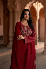 Jashn Maroon Embroidered Brocade Farshi Set, maroon embroidered kurta with brocade farshi and organza dupatta, image 5 of 12