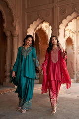 Jashn Bottle Green Embroidered Farshi Set styled with Jashn Rani Pink Zari Yoke Salwar Set, bottle green embroidered kurta with farshi and organza dupatta