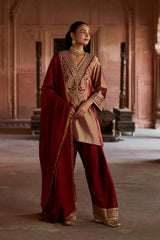 Jashn Gold Maroon Tissue Embroidered Farshi Set, gold maroon tissue kurta with modal farshi and organza dupatta, image 1 of 11