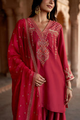 Jashn Rani Pink Orange Zari Farshi Set, rani pink kurta with orange zari embroidery, farshi and organza dupatta, image 2 of 12