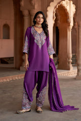 Jashn Wine Aari Embroidered Salwar Set, wine aari paisley embroidered kurta salwar with organza dupatta, image 1 of 12