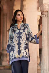 Jashn Navy Contrast Printed Co-ord Set, navy paisley print modal tunic with straight pants, image 2 of 11