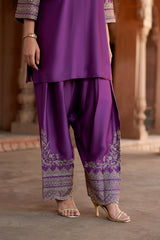 Jashn Wine Hand Embroidered Farshi Set, wine hand embroidered kurta with farshi and organza dupatta, image 7 of 13