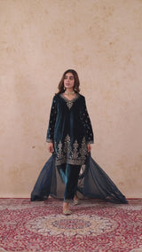 Teal Blue Velvet Embroidered Suit