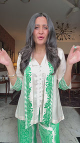 Cream Scarf Top with Green Printed Pant