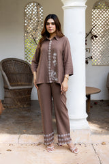 Ziya Brown Linen Embroidered Set