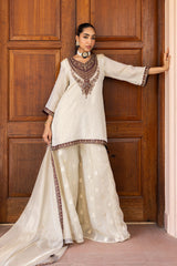 Ziya Ivory Tissue Embroidered Sharara Set
