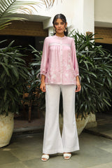 Pink Embroidered Top with White Linen Pants