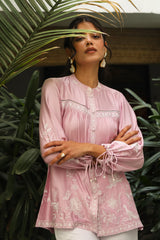 Pink Embroidered Top with White Linen Pants