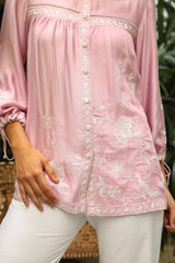 Pink Embroidered Top with White Linen Pants