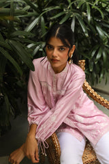 Pink Embroidered Top with White Linen Pants