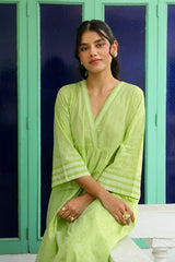 Lime Green Block Printed Suit with Floral Dupatta