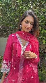 Hot Pink Embroidered Suit Set with Palazzos & Dupatta