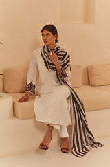 White Pleated Suit Set with Striped Dupatta- Inchingindia