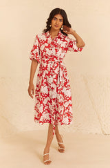 Red Floral Midi Dress