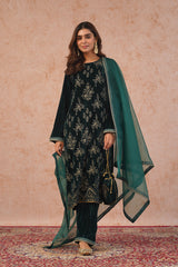 Bottle Green Crush Velvet Embroidered Suit