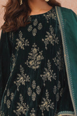 Bottle Green Crush Velvet Embroidered Suit