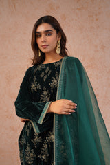 Bottle Green Crush Velvet Embroidered Suit
