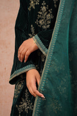 Bottle Green Crush Velvet Embroidered Suit