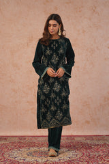 Bottle Green Crush Velvet Embroidered Suit