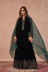 Black Velvet Embroidered Sharara Set