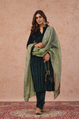 Bottle Green Velvet Suit with Sage Embroidered Dupatta