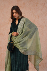 Bottle Green Velvet Suit with Sage Embroidered Dupatta