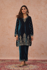 Teal Blue Velvet Embroidered Suit