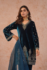 Teal Blue Velvet Embroidered Suit
