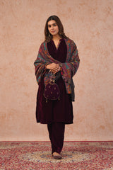 Wine Velvet Suit with Woven Chanderi Dupatta