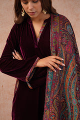 Wine Velvet Suit with Woven Chanderi Dupatta