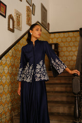 Navy Blue Embroidered Coat with Asymmetrical Pants