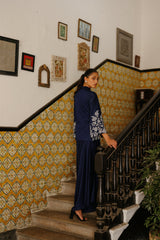 Navy Blue Embroidered Coat with Asymmetrical Pants