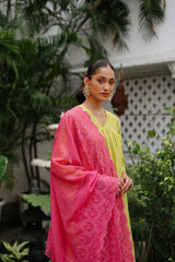 Green Embroidered Suit with Pink Dupatta
