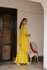 Sunshine Yellow Organza Embroidered Cape Set with Sharara