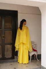 Sunshine Yellow Organza Embroidered Cape Set with Sharara