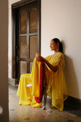 Sunshine Yellow Organza Embroidered Cape Set with Sharara