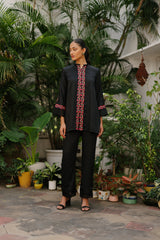 Multicolored Embroidered Black Suit Set with Organza Accents