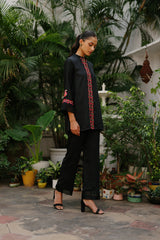 Multicolored Embroidered Black Suit Set with Organza Accents