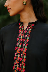 Multicolored Embroidered Black Suit Set with Organza Accents