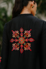 Multicolored Embroidered Black Suit Set with Organza Accents