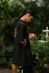 Multicolored Embroidered Black Suit Set with Organza Accents